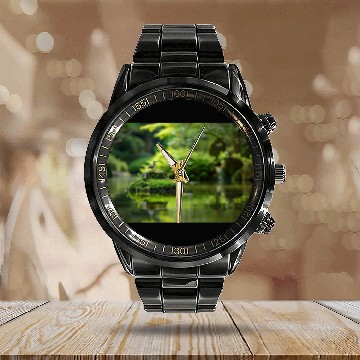 Discover Serene Pond with Bird on Mossy Rock Calendar Steel Band Watch