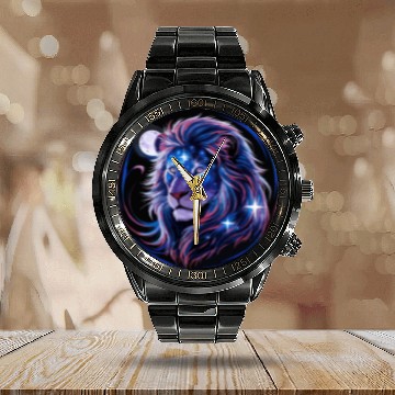 Discover Lion with moon and stars for a Lions lovers and Calendar Steel Band Watch