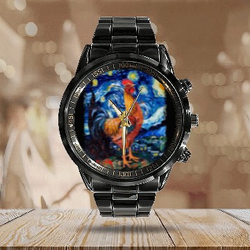 Discover Chicken Farm Farmer Farming Starry Night Painting Calendar Steel Band Watch