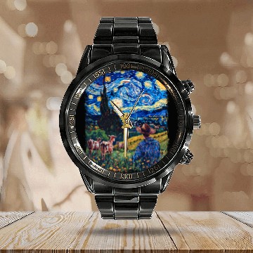 Discover Cow Farmer Farming Farm Starry Night Painting Calendar Steel Band Watch
