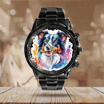 Discover Border Collie Watercolor Calendar Steel Band Watch