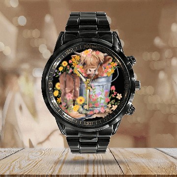 Discover Highland Cow flowers Christmas Calendar Steel Band Watch