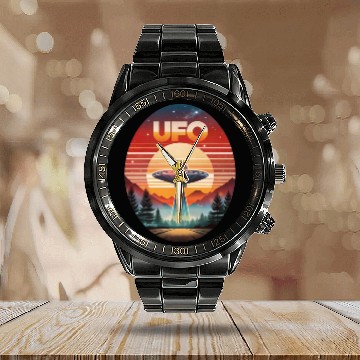 Discover Vintage UFO Sunset Streetwear Style Calendar Steel Band Watch