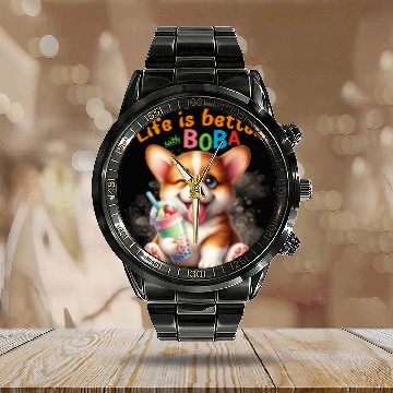 Discover Corgi with BOBA tea Milk TEA Bubble tea Calendar Steel Band Watch