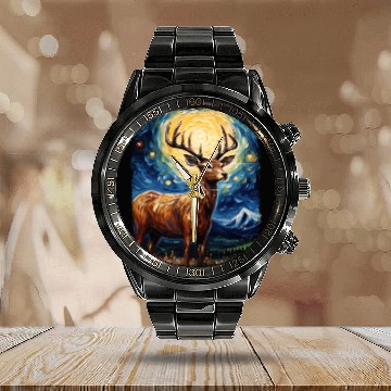 Discover Deer Hunter Deer Hunting Starry Night Painting Calendar Steel Band Watch