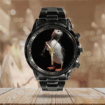 Discover Atlantic Puffin Playing Clarinet Realistic Calendar Steel Band Watch