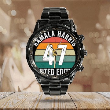 Discover Kamala Harris 47 Limited Edition Vintage Sunset Calendar Steel Band Watch
