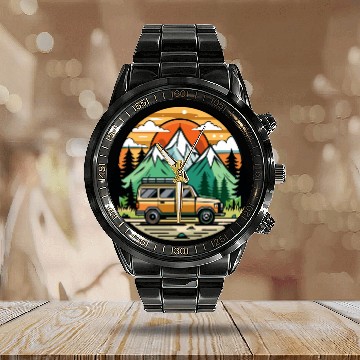 Discover Camper Van parked Lake with Mountains Calendar Steel Band Watch