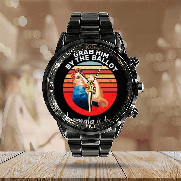 Discover Grab him by the ballot #kamala is brat - Retro Calendar Steel Band Watch