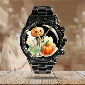Discover Pumpkin headed skeleton wielding a menacing scythe Calendar Steel Band Watch