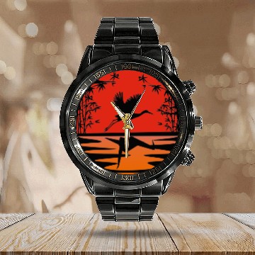 Discover Crane Lover Origami Animal Nature Bird Sunset Calendar Steel Band Watch