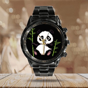 Discover A pixel art of a panda with a bamboo leaf Calendar Steel Band Watch
