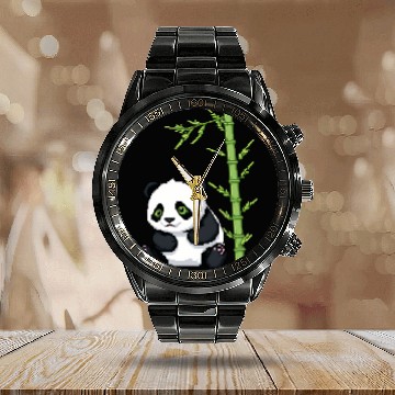 Discover A pixel art of a panda with a bamboo leaf Calendar Steel Band Watch