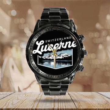 Discover Switzerland Lucerne Souvenir Mountain Lake Scene Calendar Steel Band Watch