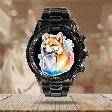 Discover Shiba Inu Watercolor Calendar Steel Band Watch