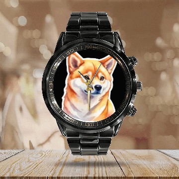 Discover Shiba Inu Watercolor Calendar Steel Band Watch