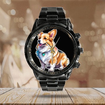 Discover Pembroke Welsh Corgi Watercolor Calendar Steel Band Watch