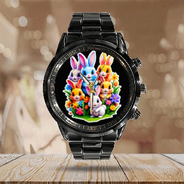 Discover Colorful Spring Celebration with Cute Bunnies Calendar Steel Band Watch