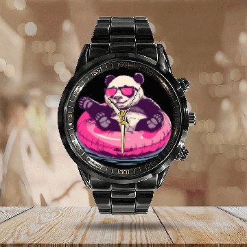 Discover Panda with sunglasses in a pink swimming ring Calendar Steel Band Watch