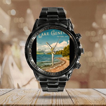 Discover Vintage Travel Lake Geneva Switzerland Retro Calendar Steel Band Watch