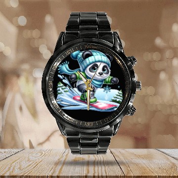Discover Cute Snowboarder Panda Calendar Steel Band Watch