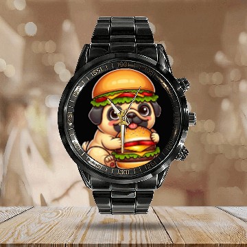 Discover Halloween dog pug hamburger hat quirky fast food Calendar Steel Band Watch