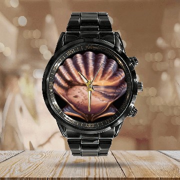 Discover Seashell Beach Scene Serene Ocean Landscape Calendar Steel Band Watch