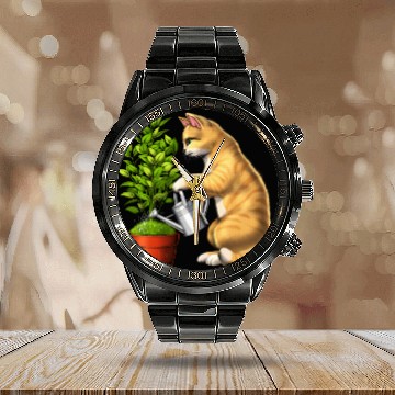 Discover Cat Watering Plants Calendar Steel Band Watch