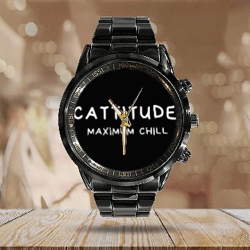 Discover Cat titude Maximum Chill Funny Lazy Cat Lover Gift Calendar Steel Band Watch