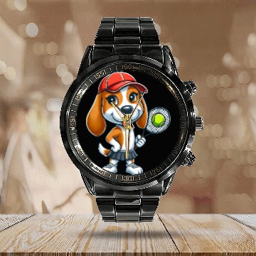 Discover Funny dog beagle tennis comic tennis player Calendar Steel Band Watch