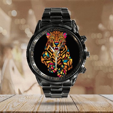 Discover Colorful Geometric Jaguar Illustration Calendar Steel Band Watch