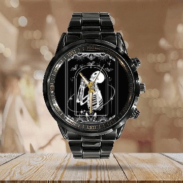 Discover Halloween Tarot Card Praying Skeleton Calendar Steel Band Watch
