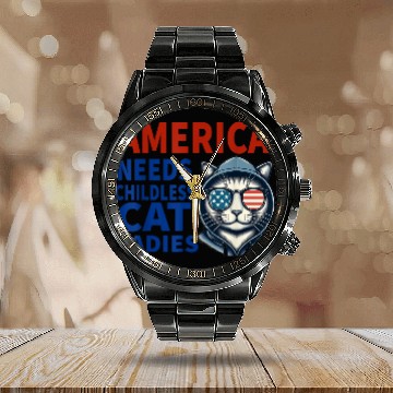 Discover America Needs Childless Cat Ladies Calendar Steel Band Watch