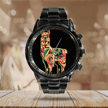 Discover Colorful Geometric Llama Art for Animal Lovers Calendar Steel Band Watch