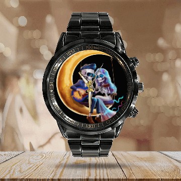 Discover Skeleton Playing Guitar with Girlfriend on Moon Calendar Steel Band Watch