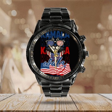 Discover Patriotic Cat with Sunglasses and Kamala-Walz 2024 Calendar Steel Band Watch