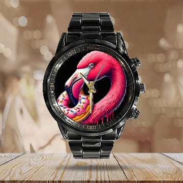 Discover funny feast for the eyes - flamingo with donut Calendar Steel Band Watch