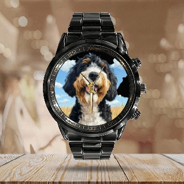 Discover Bernedoodle Field Nature Bernedoodle Watercolor 2 Calendar Steel Band Watch