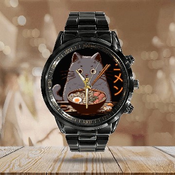Discover Japanese Cat Eating Ramen Calendar Steel Band Watch