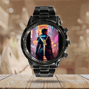 Discover Cyberpunk Warrior: Sentinel of the Neon Streets Calendar Steel Band Watch