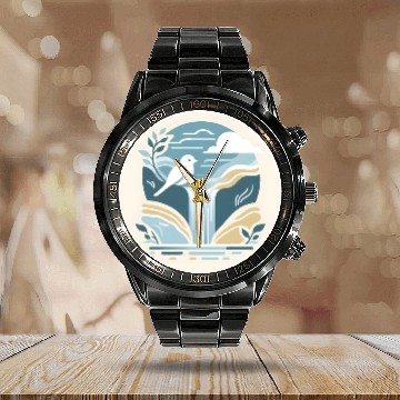 Discover Serenity Waterfall and Bird Calendar Steel Band Watch
