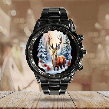 Discover Christmas Deer with Poinsettia and Snow Calendar Steel Band Watch