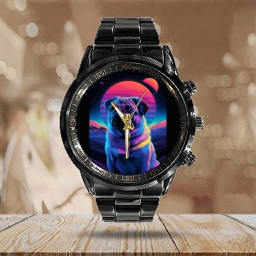 Discover Animal Art Planet Fantasy Artwork Pug in Neon Calendar Steel Band Watch