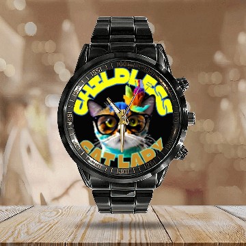 Discover Colorful Cat with Glasses - Childless Cat Lady Calendar Steel Band Watch