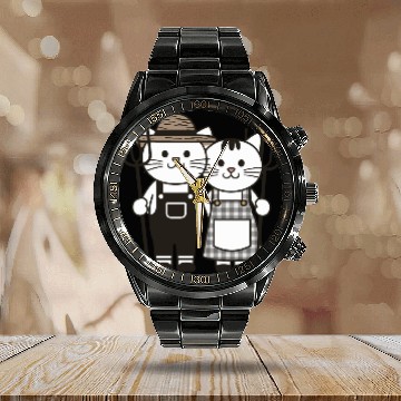 Discover Farmer Cats Wearing Overalls and Gingham Dress Calendar Steel Band Watch