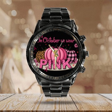Discover Pumpkins In October We Wear Pink Breast Cancer Calendar Steel Band Watch