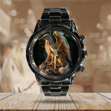 Discover Majestic Griffin Statue at Sunset Calendar Steel Band Watch