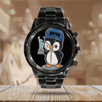 Discover New York Penguin Holding Statue Of Liberty Calendar Steel Band Watch