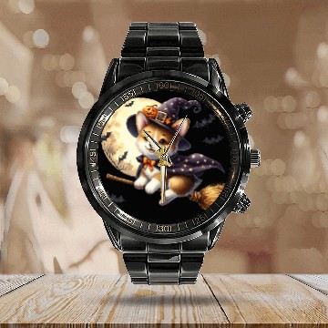 Discover Corgi Witch Flying on Broom Halloween Moon Bats Pr Calendar Steel Band Watch