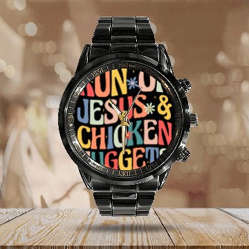 Discover Run on Jesus and Chicken Nuggets Calendar Steel Band Watch